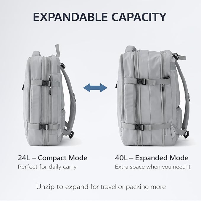 Travel Backpack, Expandable Large Capacity Business Work, Water Repellent Carry On Daypack with USB Charging Port, Fit 17 Inch Laptop, Bag for Men and Women, Grey