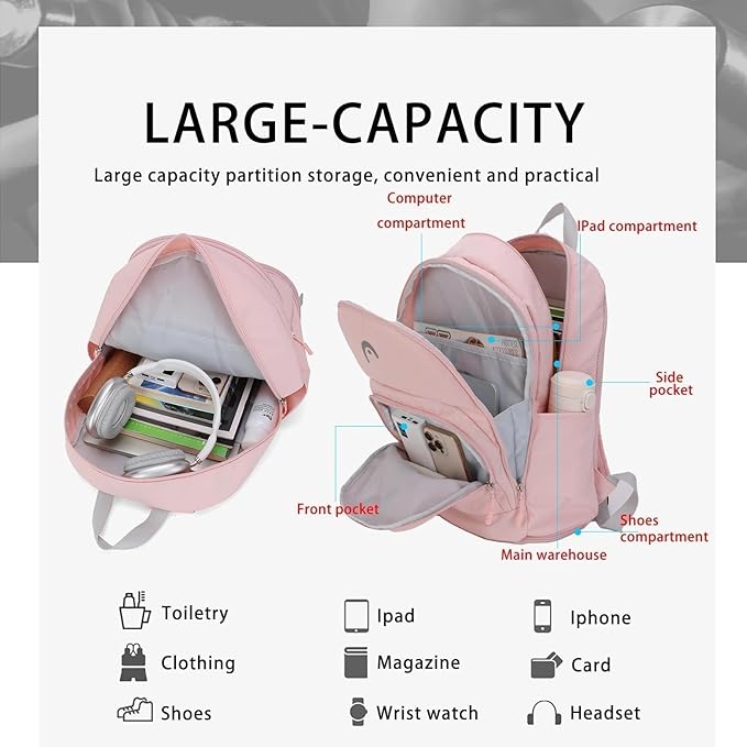 HEAD Waterproof Travel Backpack for Women, Lightweight 15.6 Inch Laptop Backpack with Shoes Compartment, Casual Daypack College Backpacks with 8 Pockets for Overnight/Sports Gym/Work/Fitness