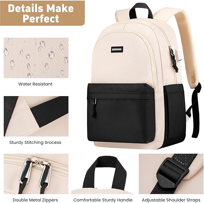 School Backpack for Teens Girls, Cute Student Bookbag Large 15.6 Inch Laptop Bag Aesthetic College Backpacks for Women High School Travel (Black Beige)