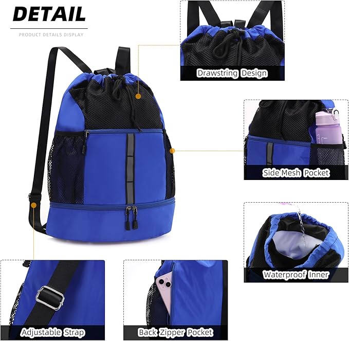 Valleycomfy Drawstring Gym Bag Sports Backpack With Shoe Compartment and Reflective Strips Royal Blue