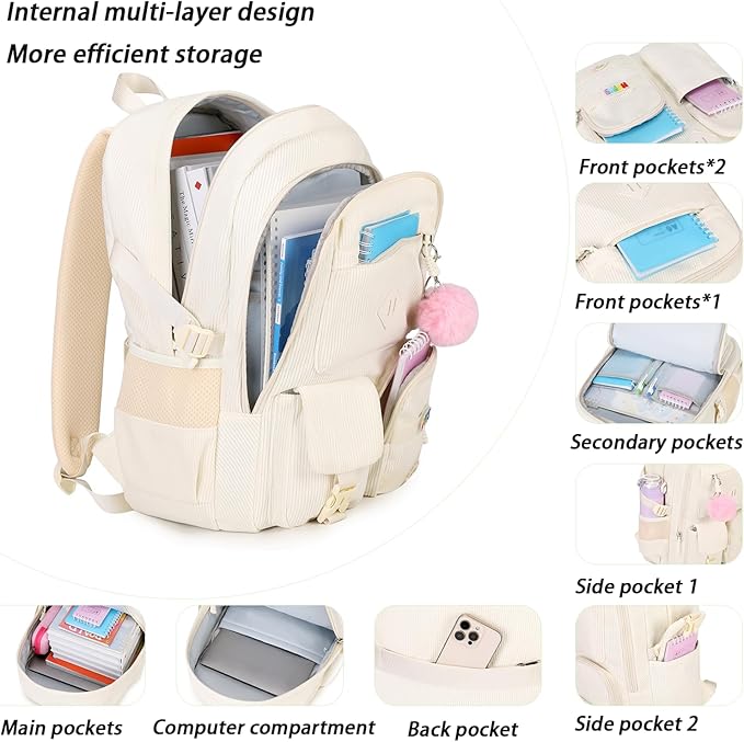 Girls Laptop Backpack Corduroy Bookbag For Teen Big Studen School Bag Durable Travel Daypack (2white)