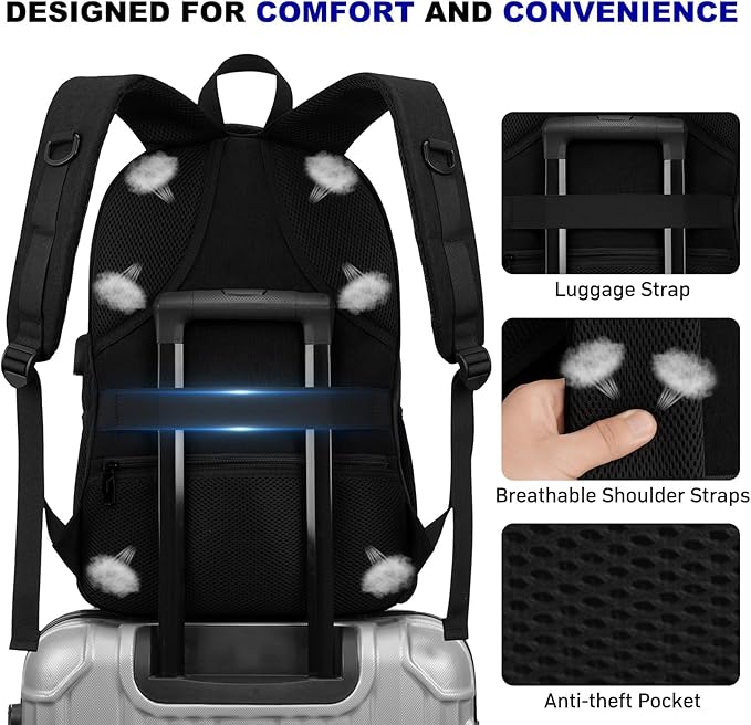 School Laptop Backpack for Women Men: 15.6 Inch College High School Backpacks with USB Charging Port Waterproof Travel Back Pack with Anti-theft Pockets Casual Work Daypack for Boys Students (Black)