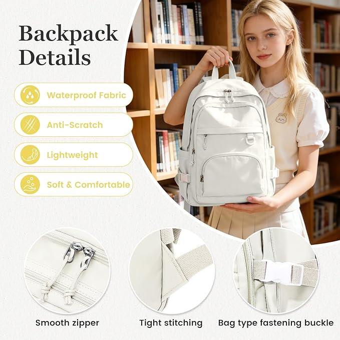 Lightweight College Backpack for Women Men Cute School Bag for Teens Girls Boys High School Backpack for Students Waterproof Casual Daypack Backpack（Beige）