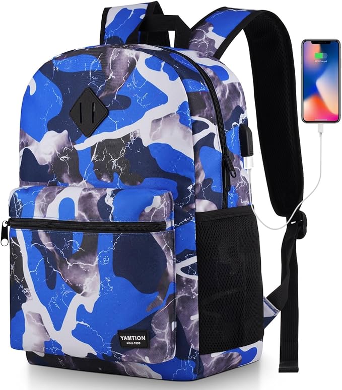 YAMTION School Backpack Stone Textured,Classic Bookbag Men and Teen Boy Schoolbag with USB Charging Port for High School College Office Work Travel