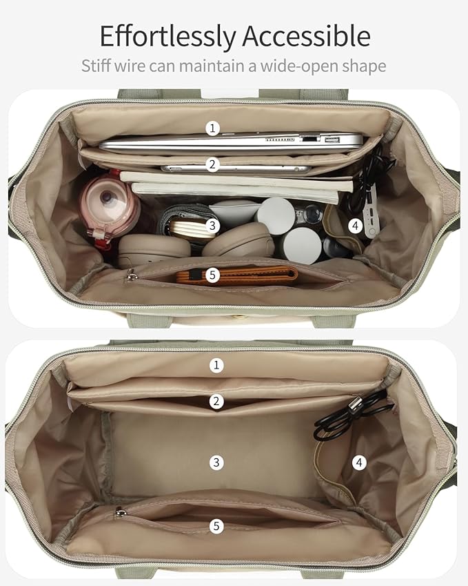 Laptop Backpack for Women, College Bookbag School Backpack for High School Teen Girls, Work Bags with Cup Holder & USB Charger for Teacher Nurse Travel, Beige Green