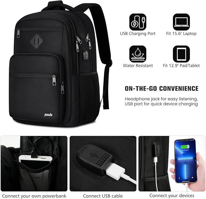 Paude Black Backpack,School Backpack for Teens Adults Laptop Bookbag for High School College Students Back Pack for Work