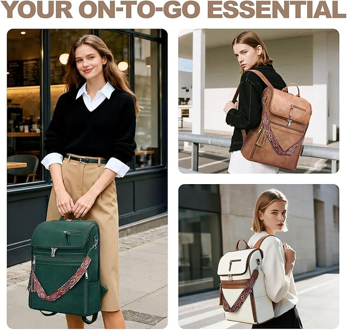 Leather Laptop Backpack for Women Designer Laptop Bag, 16.5 inch Travel Computer Backpacks Purse with Tassel for Work Business with Satchel Purse Camel Brown