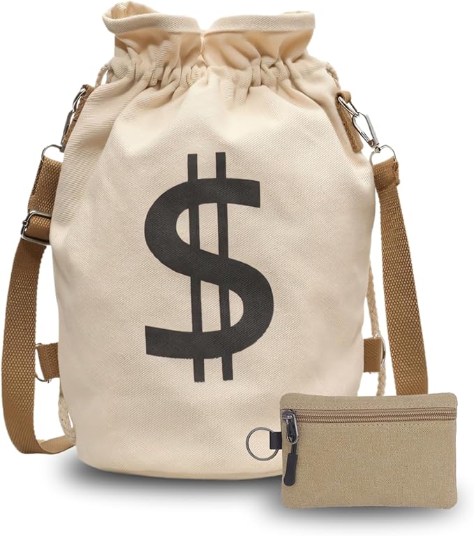 Canvas Drawstring Backpack with Coin pouch, Large Money Dollar Sign Bucket Rucksack, Lightweight Sport Bags (Off White)