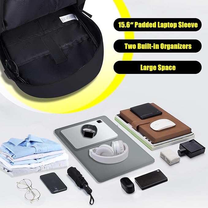 Premium Lightweight Laptop Backpack with USB Charging Port, Durable College School Bookbag, 2 Built-in Organizers, Padded 15.6-inch Laptop/Notebook Sleeve, Slim Water Resistant Bag, Black