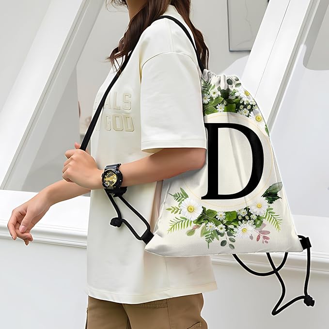 Initial Letter Drawstring Backpack String Sports Gym Bags Waterproof Sackpack Cute for Men Women Beach (13"×17") (Letter-D)