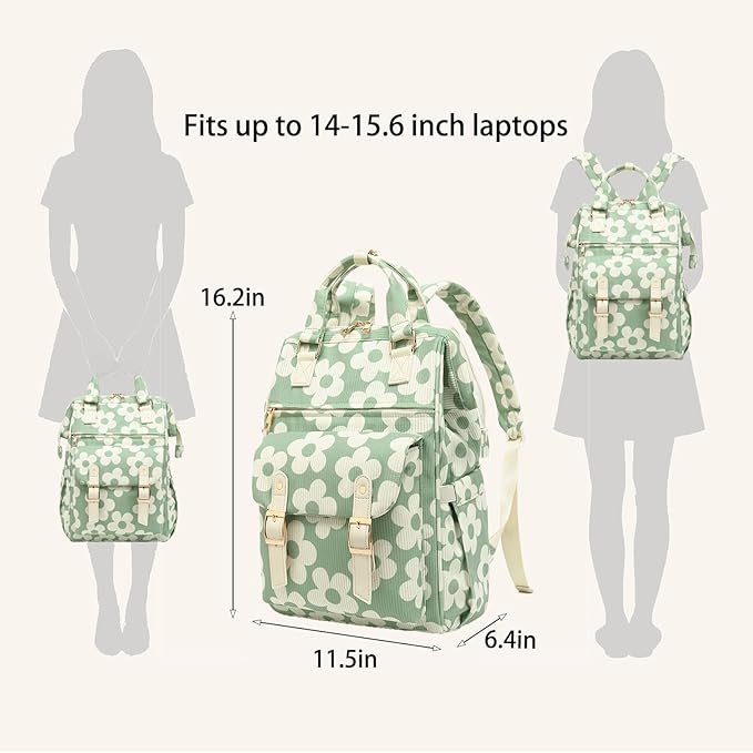 Corduroy Laptop Backpack for Women 15.6 Inch Stylish College School Bookbag, Business Work & Travel Computer Backpacks (Flowers Green)