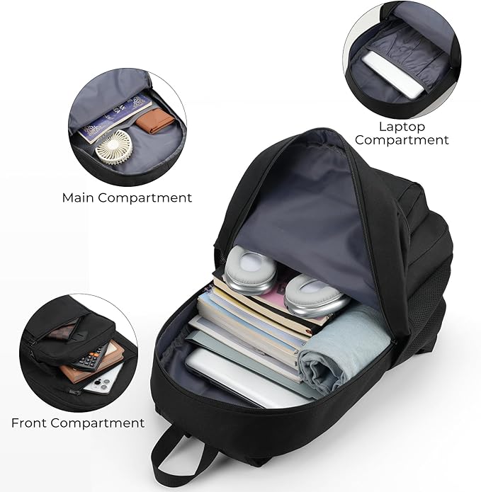 Unisex Black Backpack for School, Lightweight Boys Girls Backpack Fits 17.3 Inch Notebook, Water Bottle Pocket - Ideal for Teens, College Students, Adults