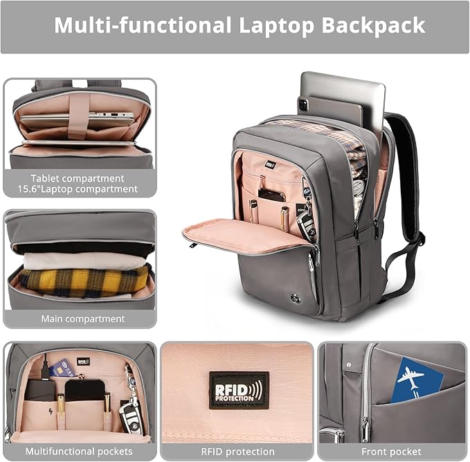 Swissdigital Design Laptop Backpack for Women，Travel Backpack with USB Charging Port，Fits 15.6 Inch School Computer Backpacks for Work Business,Grey | SD1006F-02