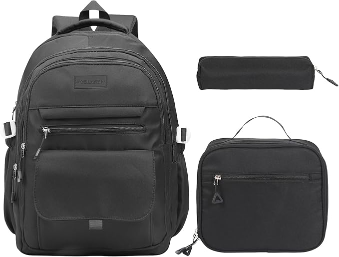 Phaoullzon Teen Girls School Backpack with Lunch Box for Boys, College Aesthetic Laptop Bookbag for Women,Black