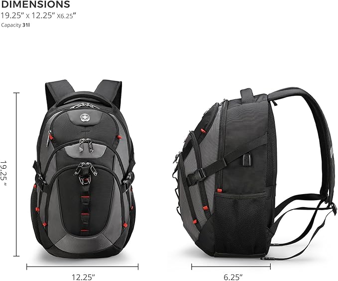 Swissdigital Design Laptop Backpack with USB Charging Port, Travel Backpack Fits 15.6 inches Computer, 31L College School Backpack for Men, Black/Grey | SD803-02