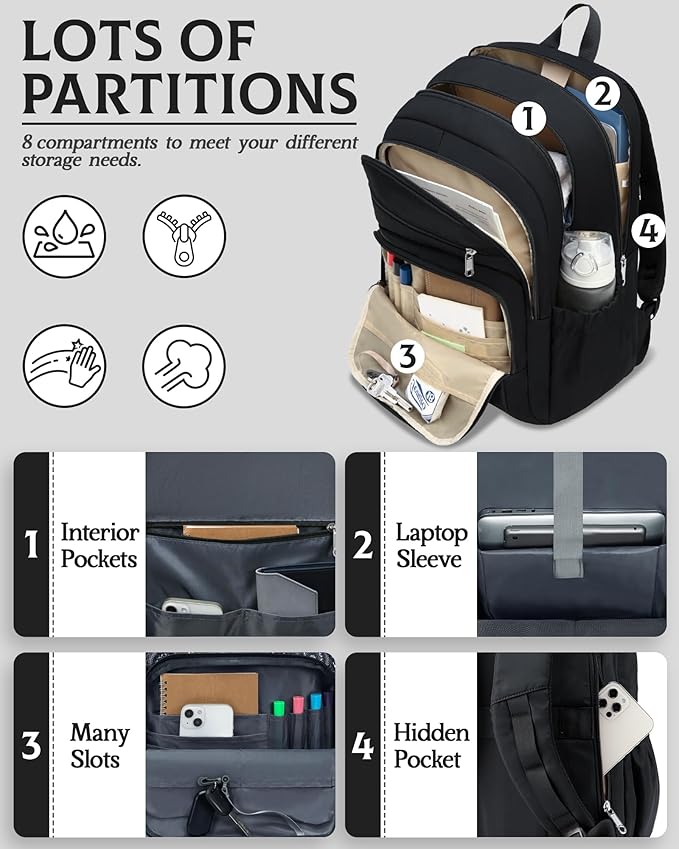 Large Backpack for Women Backpack with Lots of Pockets for Travel Work School Bookbag with Laptop Compartment for High School College Girls Mochilas Morrales para Mujer (Black, Solid)