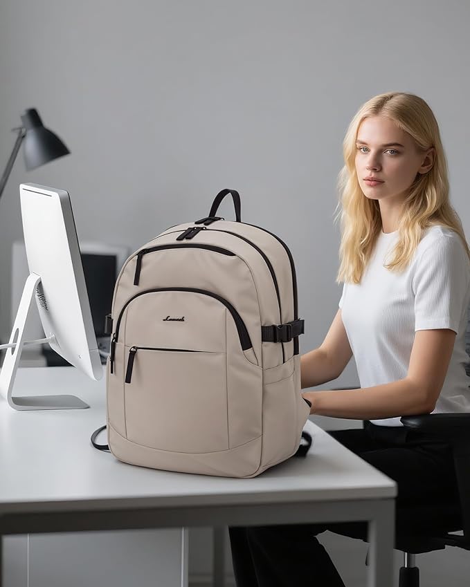 LOVEVOOK 5-Layer 17.3 Inch Laptop Backpack for Women, Work Business Computer Bag, College School Daypack, Travel Personal Item & Casual Purse, Neutral Taupe