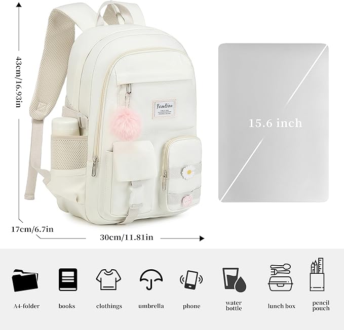 YAMTION School Backpack for Teen Girls,15.6in Laptop Backpack Kids Bookbag for Middle School College Students,Cute School Bag for Women (Beige, Fits 15.6in PC)