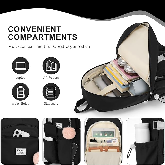 Backpack for Teen Girls, 17.3 Inch Laptop Backpack Cute Kids Bookbag for Middle School College Students, Large School Bag for Women (Black)