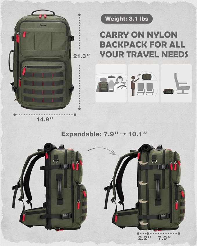 Gonex Travel Backpack, Large Carry-On Nylon Duffle Bag, 3-in-1 Convertible Laptop Bag for Men & Women, Durable for Work & Weekend Travel (Army Green)