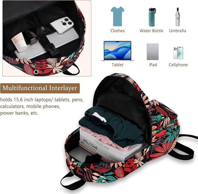 Women's Water-resistant Daypack Backpack, 15.6 Inch Laptop Compartment & Anti-Theft Pocket, Adjustable Padded Straps for Commuting, Travel, Work, College, Maple Red
