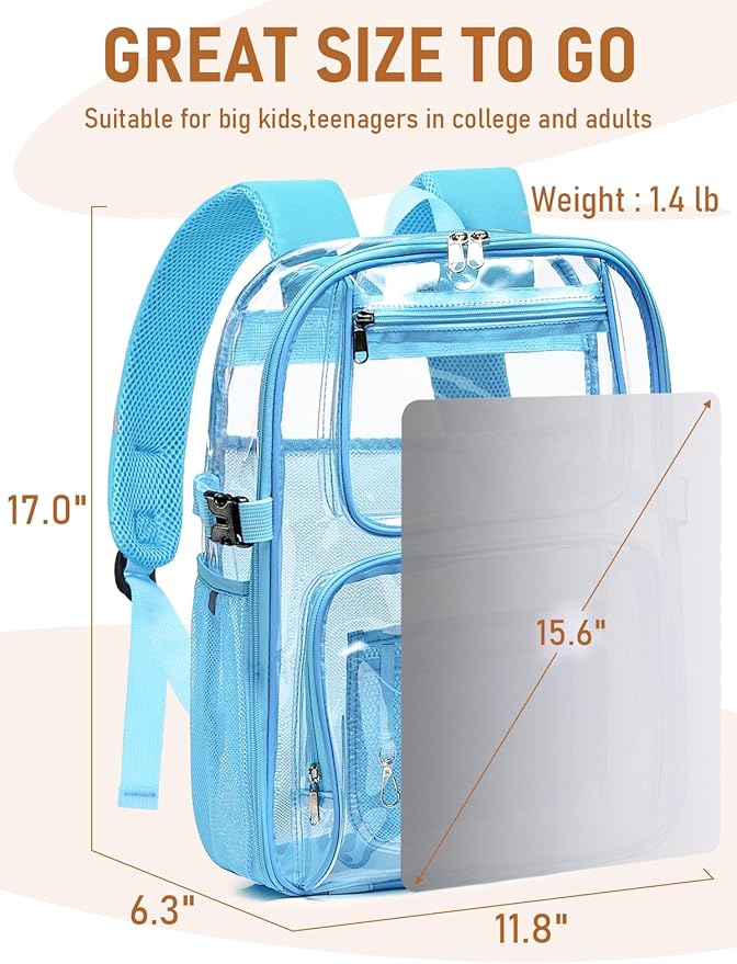 Large Clear Backpack Heavy Duty, 17 inch Clear Bookbag for Boys Girls Women Men, See Through Transparent Backpack With All-Around Reflective Strips for College Work,Light Blue