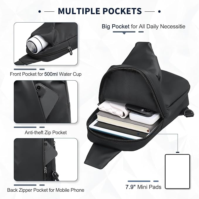 Small Sling Bag, Waterproof Nylon 7.9 Inch Crossbody Chest Bags Daypack Backpack with Anti-theft Pocket for Men Women (Black)