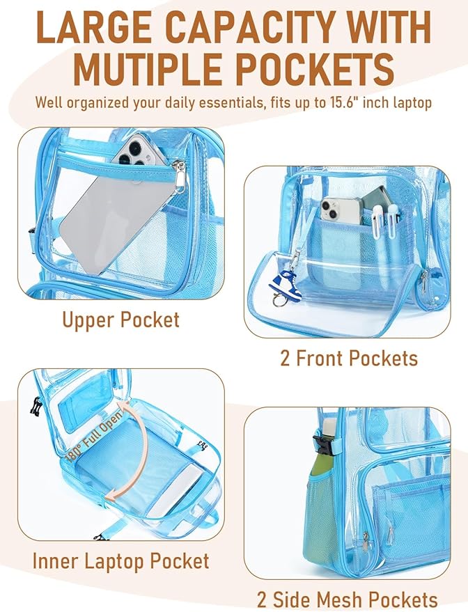 Clear Backpack Heavy Duty, Large TPU Clear Bookbag for Boys Girls Adult, See Through Transparent Back Pack with Multiple Pockets for College Work Casual Security,Light Blue