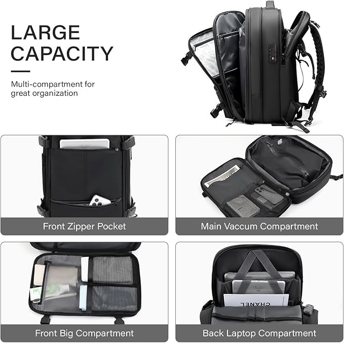 Travel Backpack with Vacuum System,60L Expandable Vacuum Backpack Travel with Built-in Pump,17.3 inch Laptop Backpacks Carry On Backpack with TSA Lock(Black,Built-in Air Pump)