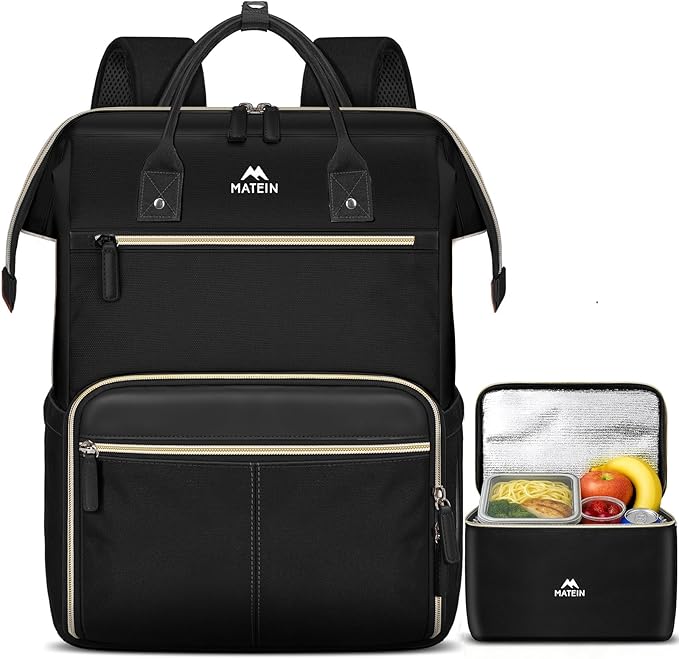 MATEIN Lunch Backpack, 15.6 Inch Laptop Backpack with Lunch Box, Stylish Nurse, Teacher Work Backpacks with Insulated Compartment, Meal Prep Bag for Women Men Commute Outdoor Picnic Camping, 2Pcs Set