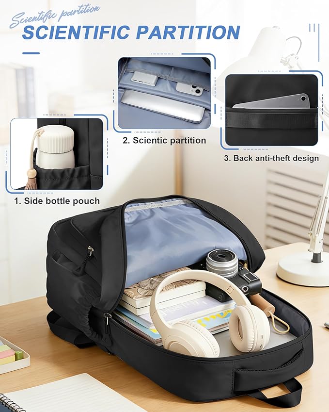 School Backpack for Women Men, Water Resistant Backpacks for Girls 15.6 Laptop Multifunction Casual Daypack, Basic College Backpack School Bookbag Mochilas Escolares para Niñas, Black
