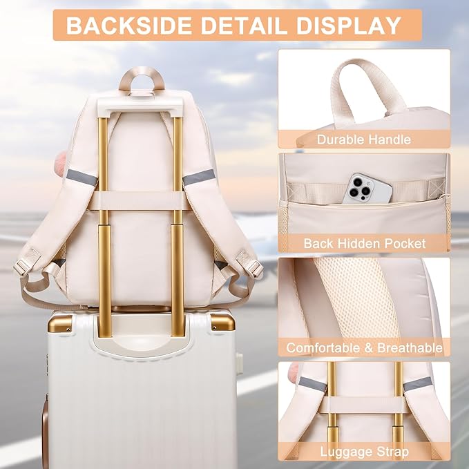 Cute School Backpack for Teen Girls & Women Students - Large 15.6 Inch Laptop Bookbag - College Middle School Travel Backpack with Ergonomic Support, Classic Beige