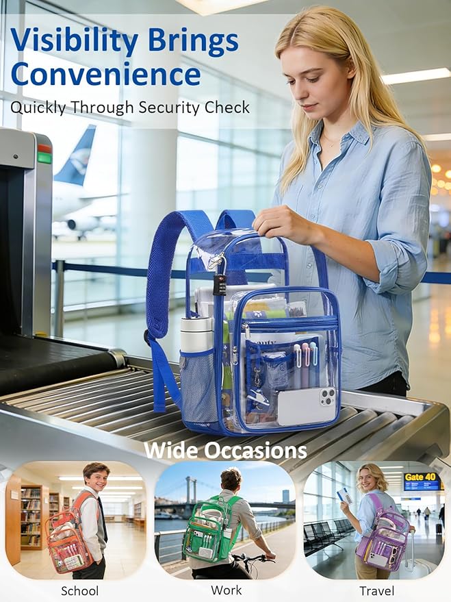 Extra Large Clear Backpack with TSA Lock, Heavy Duty Transparent See Through Clear Bookbag for College, Work, Travel, Casual Sport, Blue