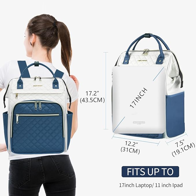 EMPSIGN 17 Inch Laptop Backpack for Women, Work Business Travel Computer College Bags, Large Capacity Water-repellent Quilted Casual Daypack with USB Port, Beige-Haze Blue