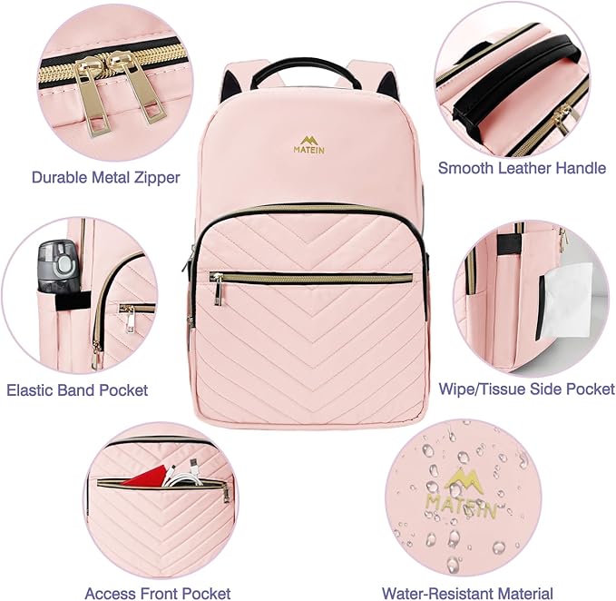 MATEIN College Backpack with Laptop Compartment, Water Resistant Girls Backpack, Cute Bookbag with Multiple Compartments, 17 inch Quilted Casual Daypack for Women, Pink