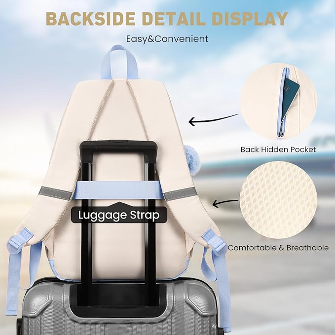 School Backpack for Teen Girls, Cute College Backpacks for Women Students Aesthetic Bookbag Large 15.6 Inch Laptop Bag Middle School Travel Back Pack (Blue Beige)