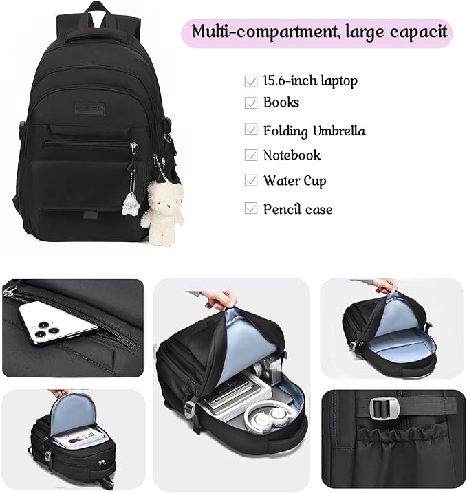Girls Backpack for College High Middle School Student, Cute Aesthetic Bookbag for Teens Women with Accessories,Black