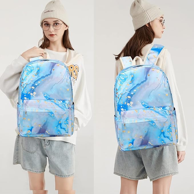 Teen Girls School Backpack Kids Bookbag Set with Lunch Box Pencil Case, Travel Laptop Backpack Casual Daypacks (Blue-marble)