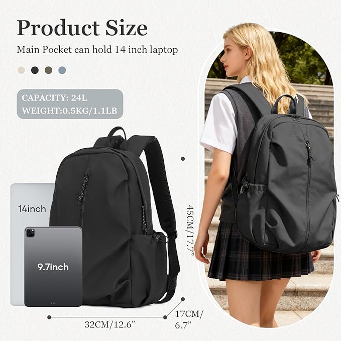 weradar Simple Black School Backpack For Women Men,Waterproof College Backpack,High School Bookbag For Teens Boys Girls,Lightweight Casual Daypack Travel Backpack