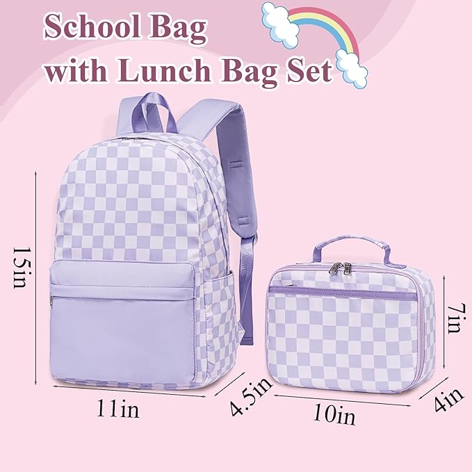LEDAOU Kids School Backpack with Lunch Box for Girls Kindergarten Elementray BookBag School Bag Preschool Toddler Backpack (Purple Checkered)