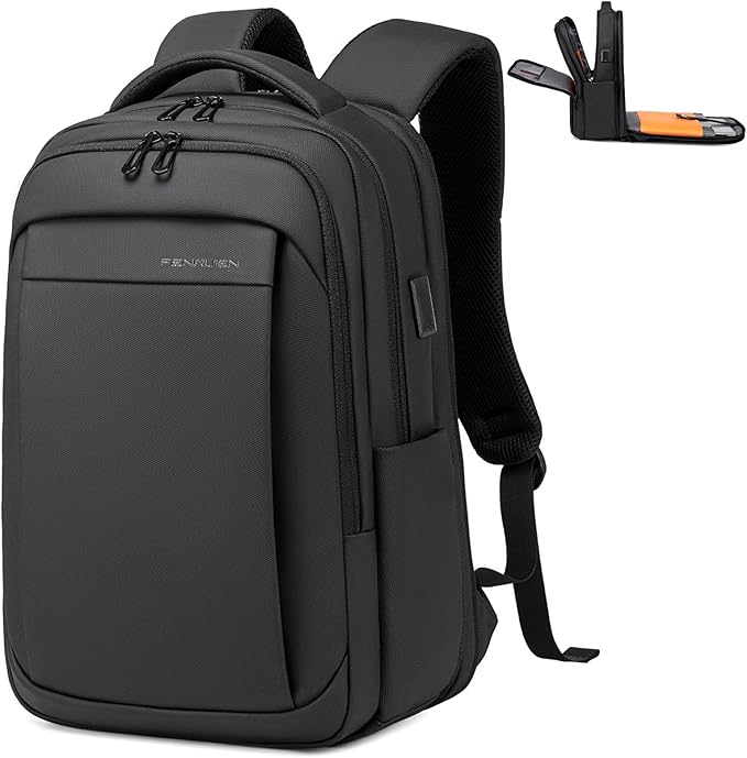 FENRUIEN Expandable Travel Backpack for Men, Water Resistant Computer Backpack with USB Charging Port，Black Laptop Bag 15.6 Inch