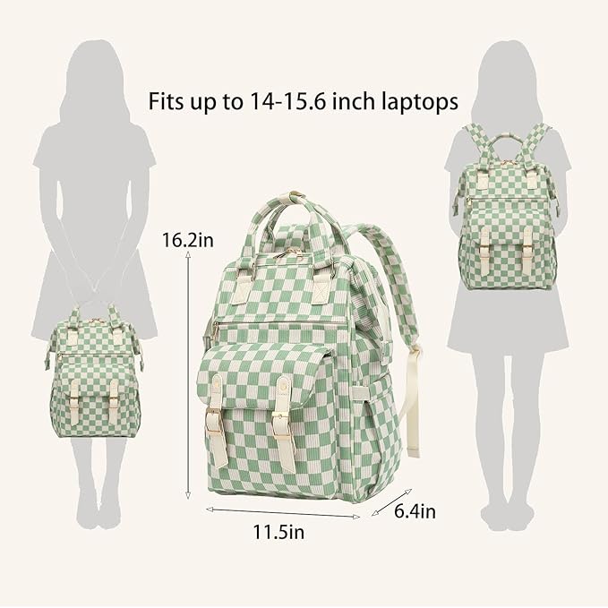 Corduroy Laptop Backpack for Women 15.6 Inch Stylish College School Bookbag, Business Work & Travel Computer Backpacks (Checkered Green)