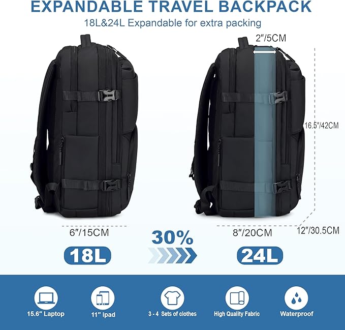 Carry On Travel Backpack, Expandable Extra Large Airline Approved,Lightweight Daypack for Men and Women（Black）