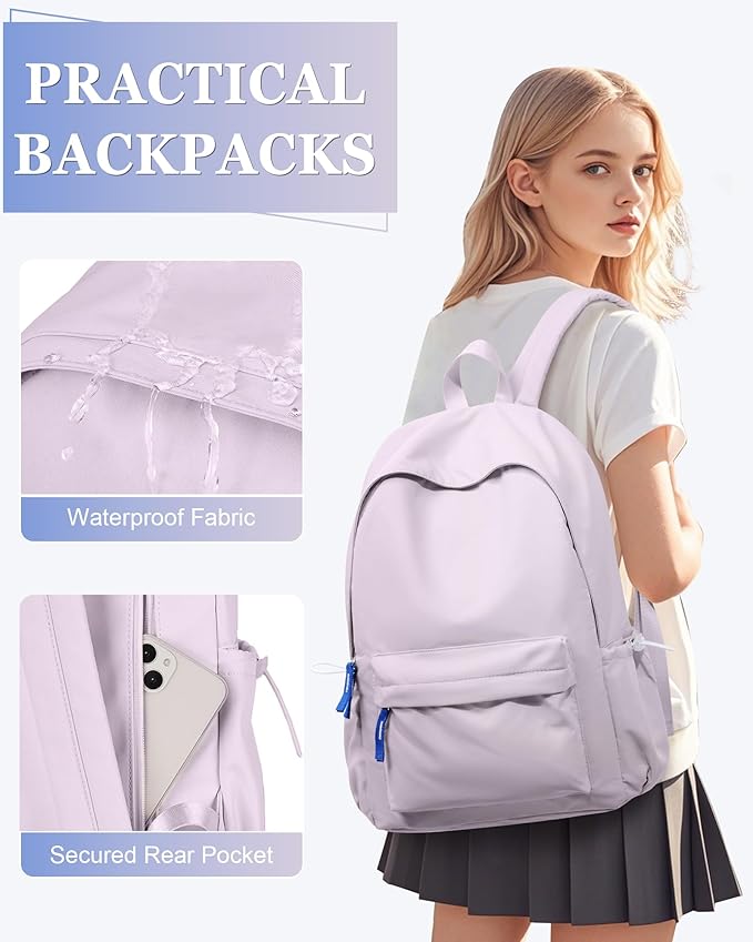 School Backpack for Teen Girls,Simple School Book Bag Waterproof High School Backpack for Boy Middle Student Bookbag College Backpack for Women Men Casual Daypack Travel Aesthetic Backpacks Purple