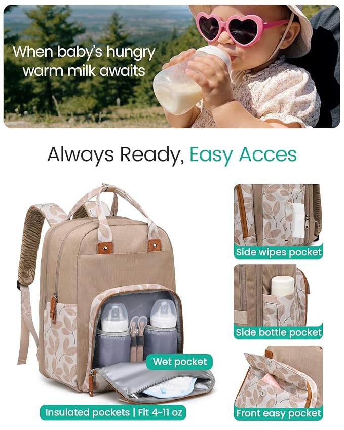 Extra Large Diaper Bag Backpack for Two Kids Twins - Expandable Baby Bag (26-36L), Dual Big Compartments - Includes Changing Pad & Stroller Straps, Unisex Leaf