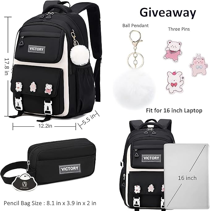 AO ALI VICTORY Backpack for Women Girls Set with Pencil Case 15.6 Inch Laptop School Bag Kids Elementary College Backpacks