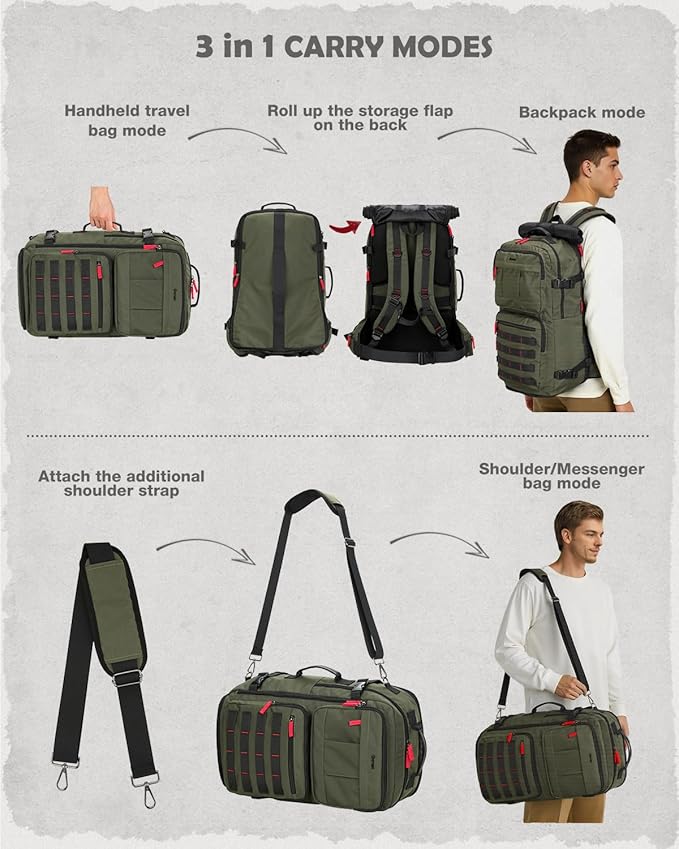 Gonex Travel Backpack, Large Carry-On Nylon Duffle Bag, 3-in-1 Convertible Laptop Bag for Men & Women, Durable for Work & Weekend Travel (Army Green)