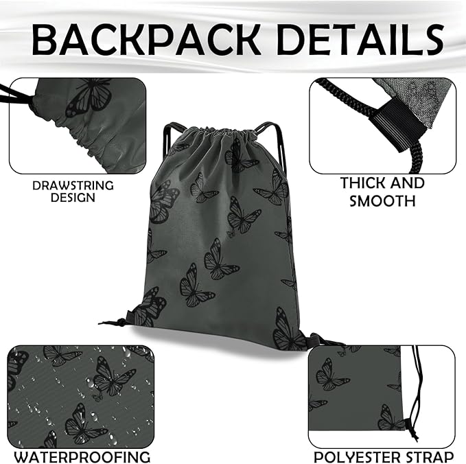 Drawstring Backpack Draw String Bag Waterproof for Sports Gym Beach Travel Cute Aesthetic Sackpack Men Women (13"×17")-Butterfly