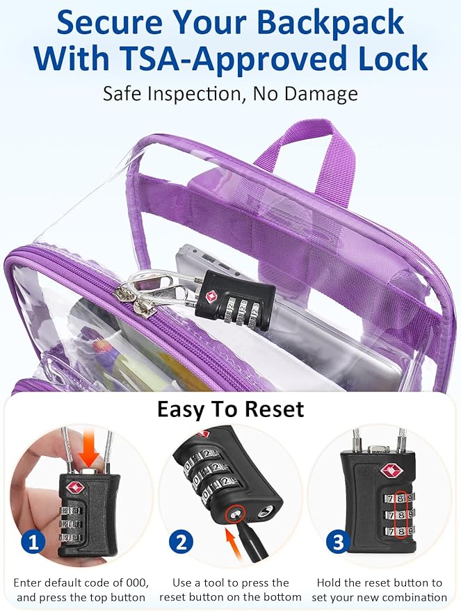 Extra Large Clear Backpack with TSA Lock, Heavy Duty Transparent See Through Clear Bookbag for College, Work, Travel, Casual Sport, Purple
