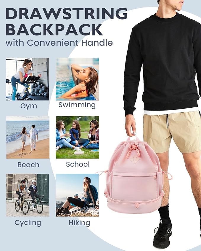 Drawstring Backpack Sports Gym Bag with Shoe Compartment and Wet Pocket String Swim Bag for Women Men Beach Backpack, Pink